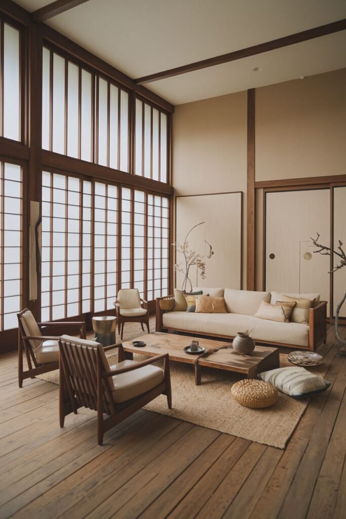 An elegant and wabi sabi room with a sofa, armchairs, a wooden coffee table, floor cushions, a rug, and prominent traditional Japanese-style sliding screens and windows.