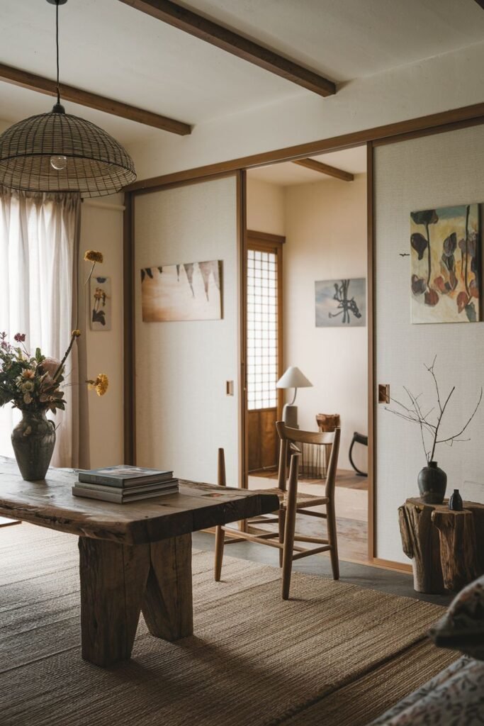 An elegant and wabi sabi room focused on a large, rustic wooden table on a rug, with a vase of flowers and books, showing sliding screens in the background and exposed beams above.