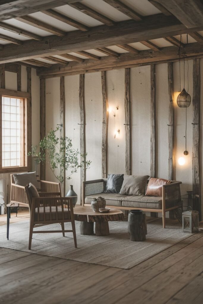 An elegant and wabi sabi living space with a sofa and armchair with woven cane details, a round wooden coffee table, exposed wooden beams and wall timbers, and minimalist wall lighting.