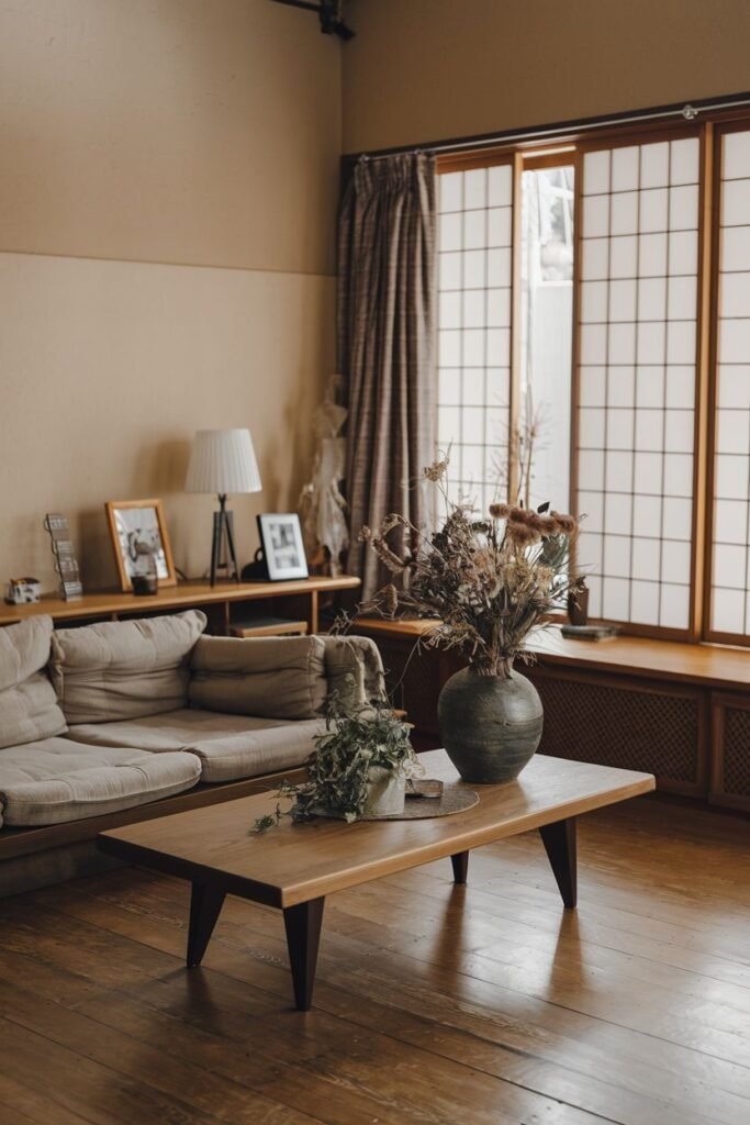 An elegant and wabi sabi living area with a sofa, a wooden coffee table with dried flowers in a vase, framed photos on a shelf, and traditional Japanese-style sliding screens.