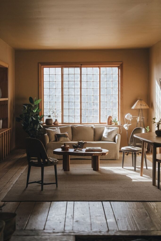 An elegant and wabi sabi living room with a sofa, chairs, a wooden coffee table, a rug, and a large frosted glass window, with potted plants and lamps providing a cozy atmosphere.