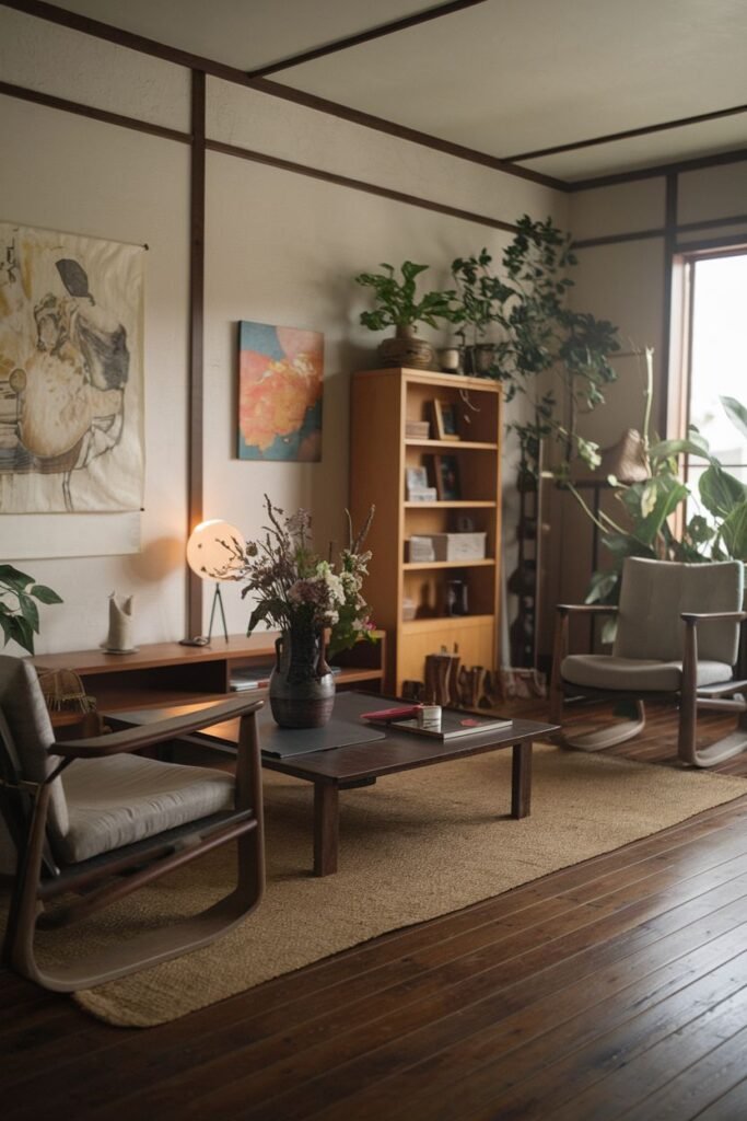 An elegant and wabi sabi living space featuring a sofa, rocking chairs, a dark rectangular coffee table on a rug, a bookshelf, wall art, and potted plants.