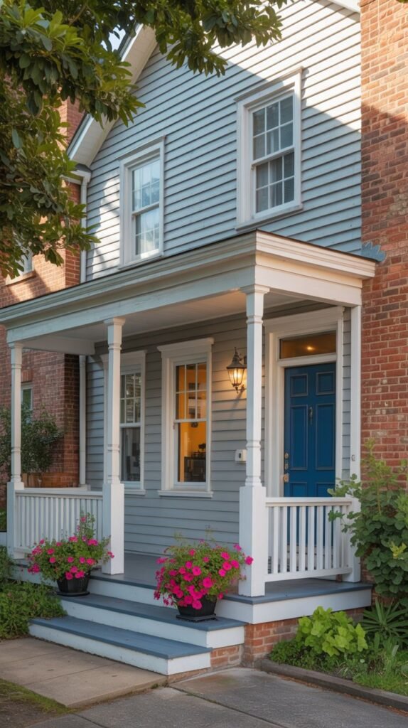 A light gray house with white trim and a covered porch with white railings and columns, featuring a blue front door and pink flowers in pots on the porch steps.