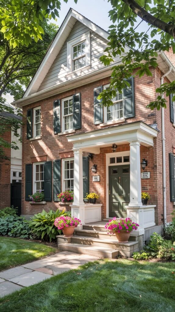 A two-story brick house with dark green shutters and a white covered portico with columns, featuring a dark green front door and landscaping with colorful flowers and greenery.