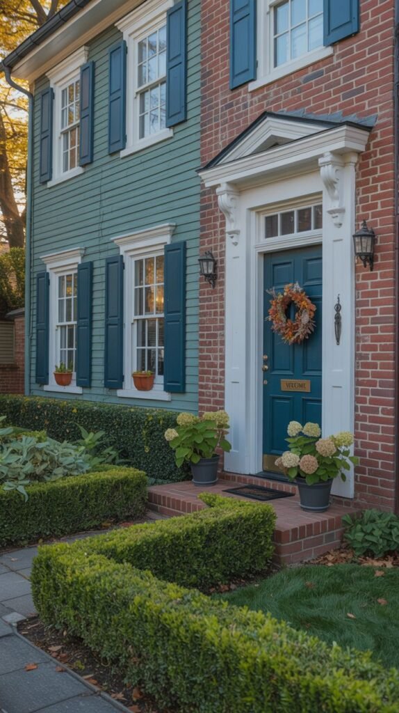 The front of a house with red brick on the right and green siding on the left, featuring blue shutters and a dark teal front door decorated with a wreath, with boxwood hedges and steps leading up.