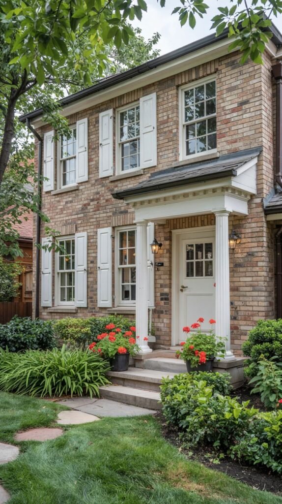 A two-story brick house with white shutters and a white covered portico with white columns, featuring a white front door and steps leading up, with red flowers in pots and landscaping.