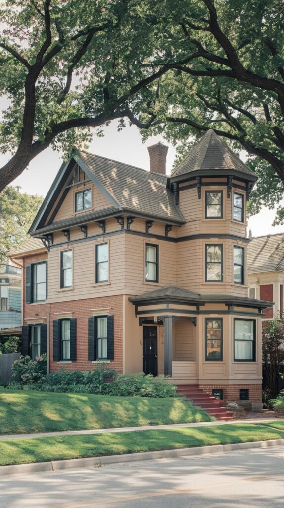 A Victorian-style house with tan siding and red brick, featuring a corner turret, black shutters, and a covered porch with steps leading up.