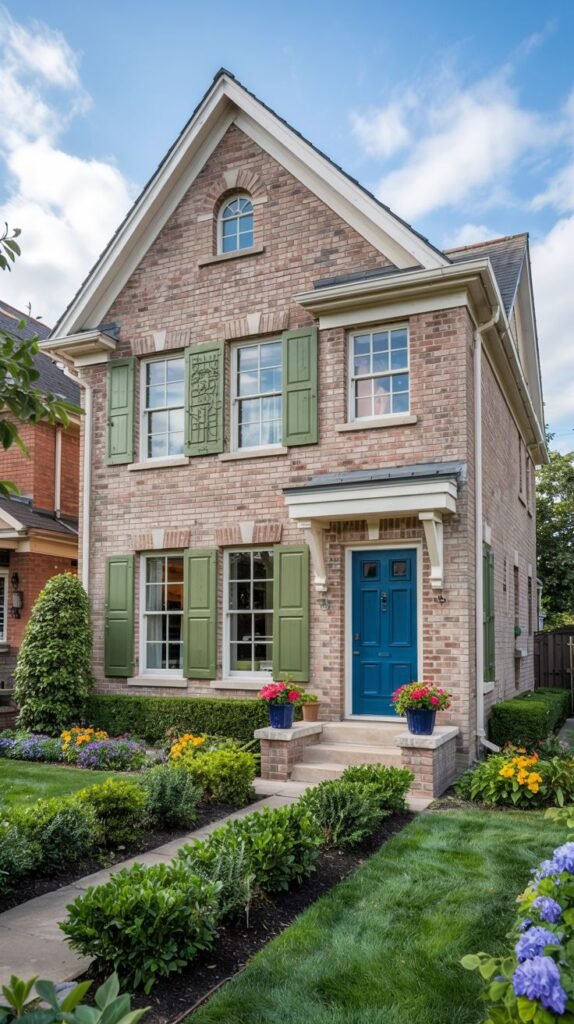 A two-story brick house with light green shutters and a blue front door, featuring a small window in the gable and landscaping with colorful flowers and hedges along the path.