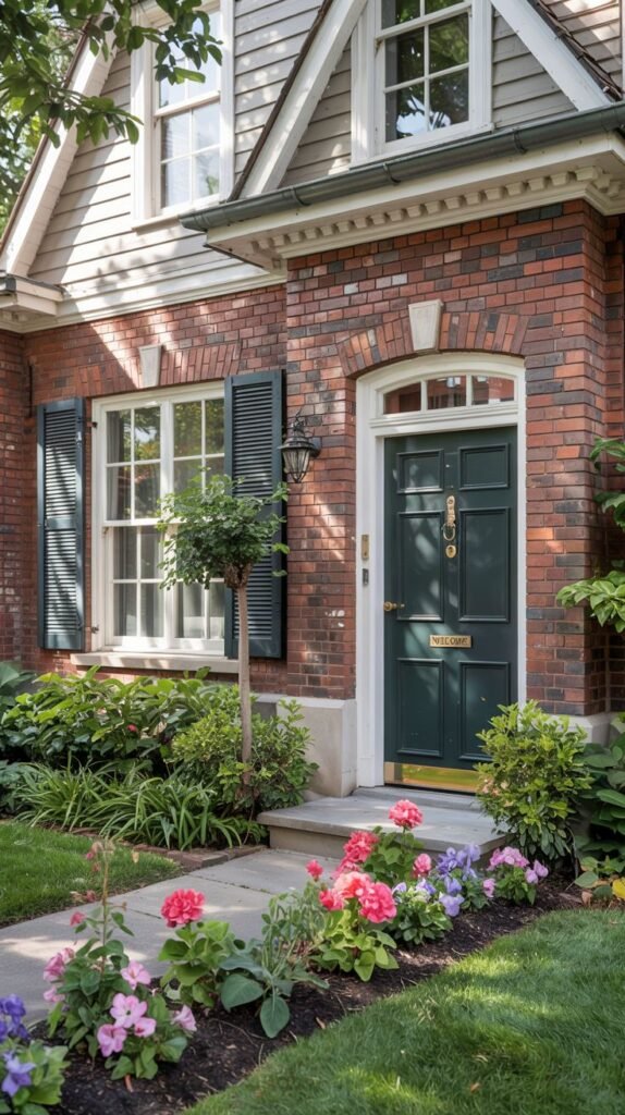 A close-up of the entrance of a house with red brick and tan siding, featuring dark green shutters, a dark green front door with a knocker, and landscaping with pink and purple flowers.
