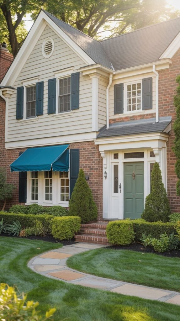 A house with red brick and light gray siding, featuring dark blue shutters and a light green front door with a white portico, an awning over a window, and landscaped bushes.