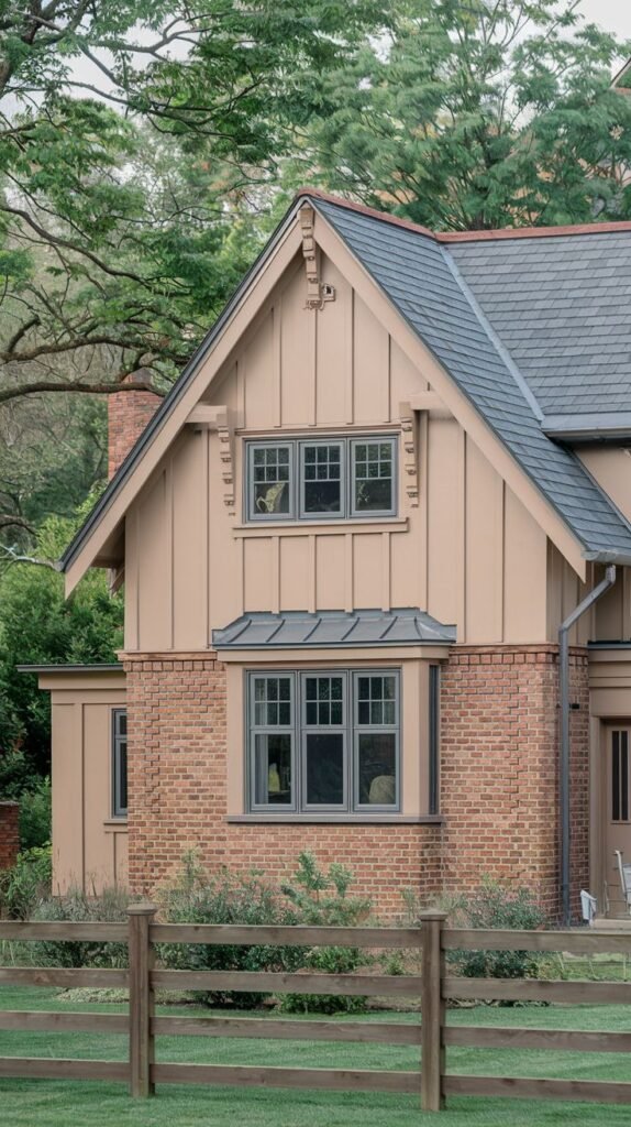 A side view of a house with tan siding and brick, featuring gray windows and a dark gray roof, with a wooden fence in the foreground.