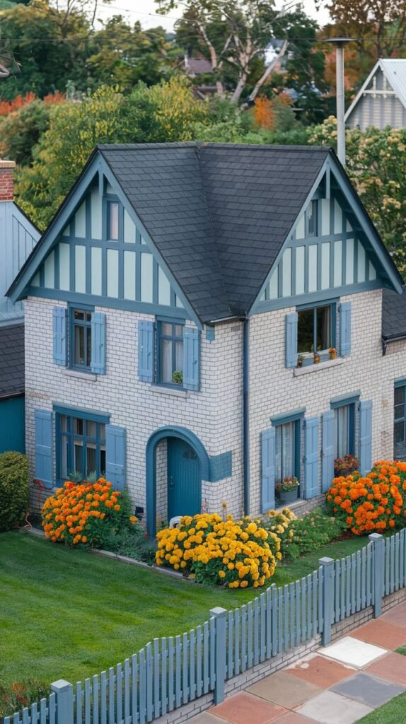 A light gray brick house with blue trim and blue shutters, featuring a blue arched doorway and vibrant orange and yellow marigolds planted along the front fence.