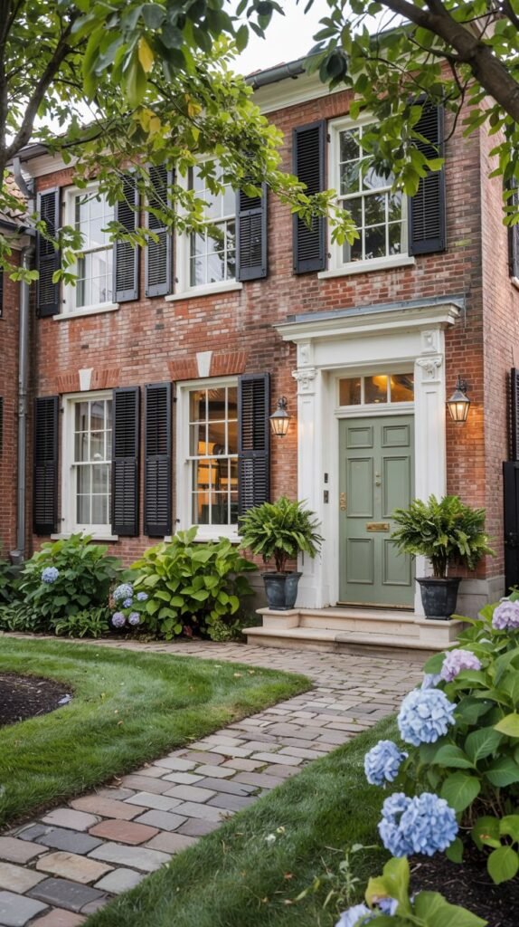 A red brick house with black shutters and a light green front door with a white portico, featuring landscapin