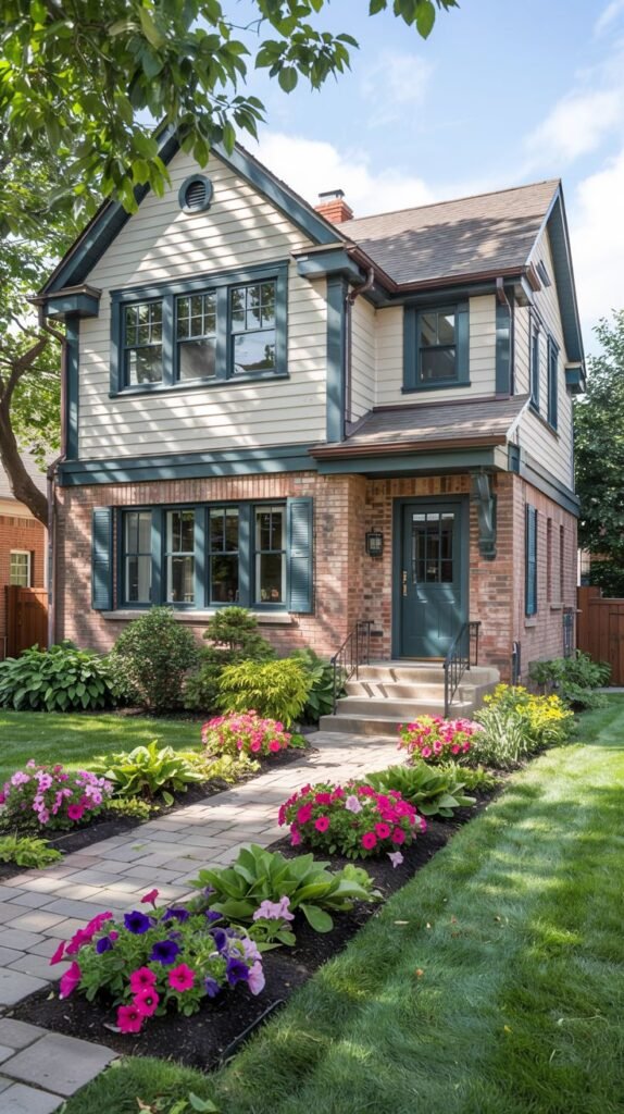A two-story brick house with light siding on the upper level and teal trim, featuring a dark green front door, steps with a railing, and landscaping with colorful petunias and other flowers along a path.