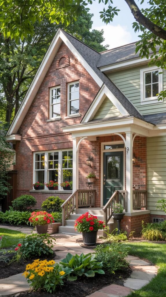 The front of a house with red brick on the left and light green siding on the right, featuring a dark green front door with a white covered porch and steps, with landscaping including red and yellow flowers in pots and beds.