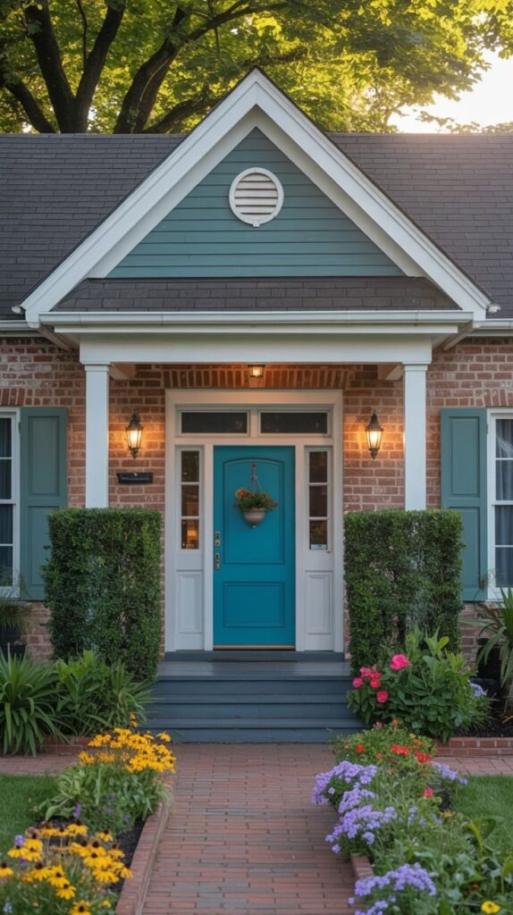 The front entrance of a house with red brick and teal siding in the gable, featuring a bright blue front door with white side panels and portico, flanked by tall hedges and colorful flowers along a brick path.