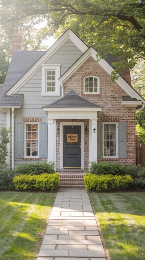 A small house with red brick and light gray siding, featuring light gray shutters and a dark gray front door with a small black roof over the entrance and a "Welcome Home" sign, with landscaping and a stone path.