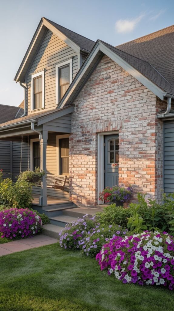 A side view of a house with light brick and gray siding, featuring a covered porch with a porch swing and steps leading up, with large clusters of purple and white petunias planted in front.