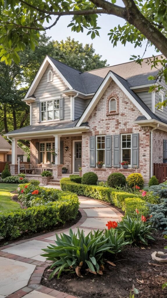 A house with light brick and gray siding, featuring gray shutters and a light green front door with a white portico, with landscaping including curved boxwood hedges, red tulips, and a stone path.
