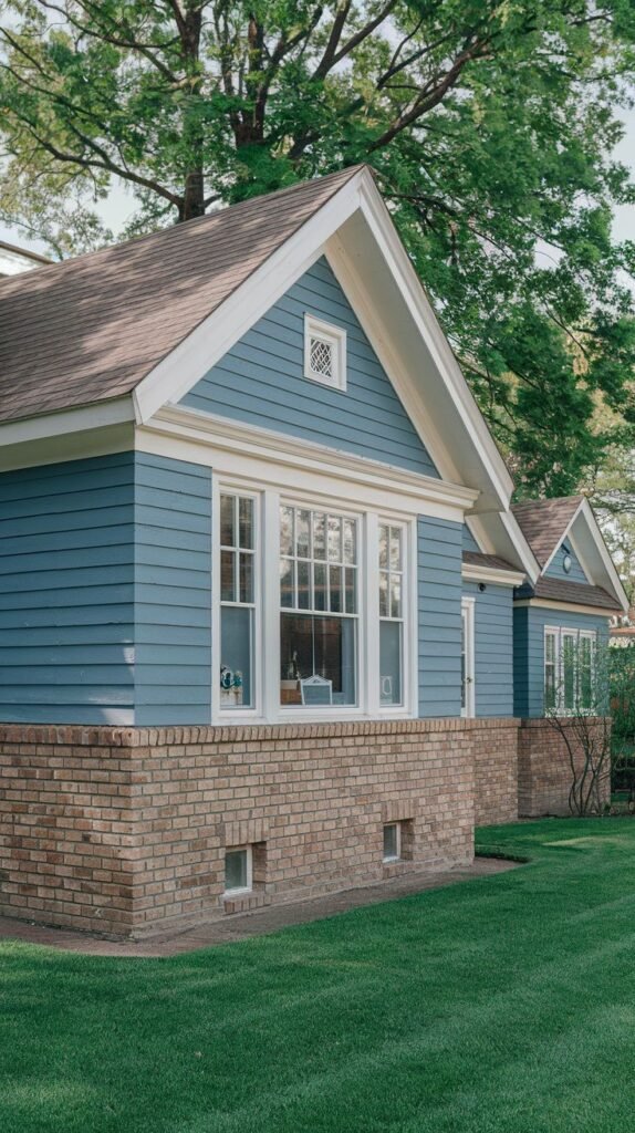 A blue house with tan brick siding on the bottom level and a white trim on the windows and roofline, surrounded by green grass and trees.