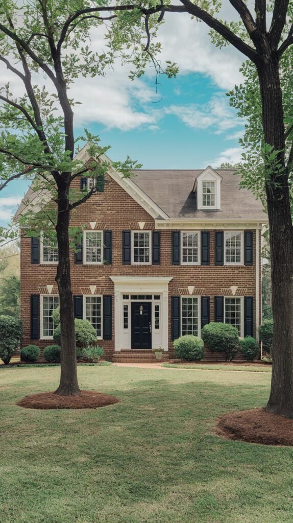 A large, two-story brick house with black shutters, a white portico, and a black front door, situated on a lawn with trees in the foreground.