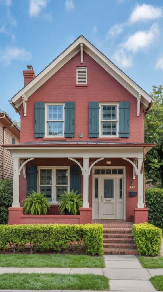 A red brick house with green shutters and a white covered porch, with ferns in pots by the front door and steps leading up from the sidewalk.