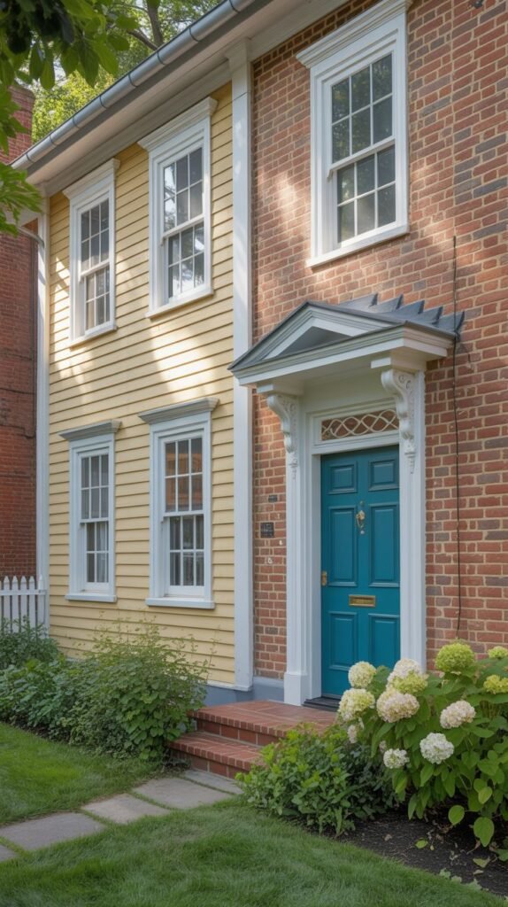 The front of a house showing a teal blue door with white trim and columns, next to a section of yellow clapboard siding with white windows and trim, with landscaping and a path in front.