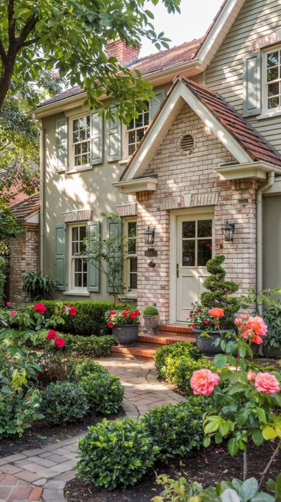 A house with light tan siding and brick, featuring light green shutters and a white front door with a small covered entry, surrounded by a garden with roses and other plants.