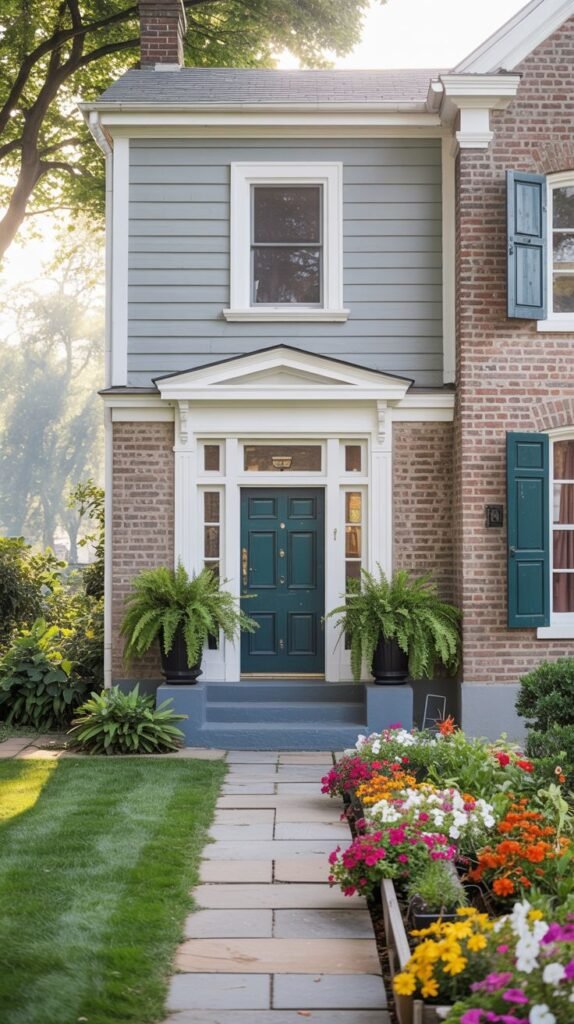 The front of a house with red brick on the lower level and gray siding on the upper level, featuring a white portico and a dark green front door, with a path leading up and colorful flowers planted along the side.