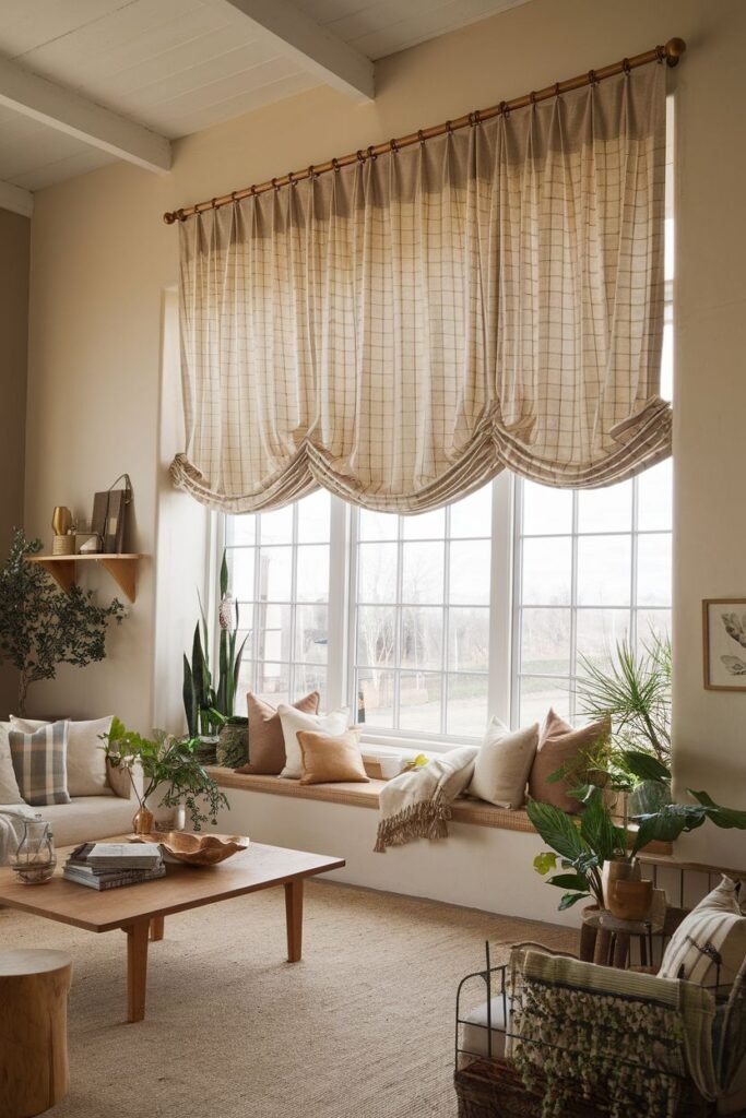 Billowing farmhouse living room window treatments, a light grid pattern gathered above a wide window seat filled with pillows and plants.