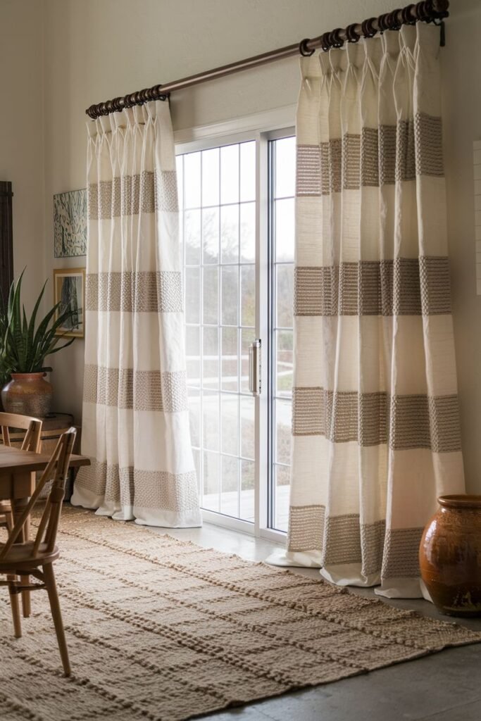 Striped farmhouse living room curtains covering sliding glass doors, with a dining area featuring a table and rug in front.