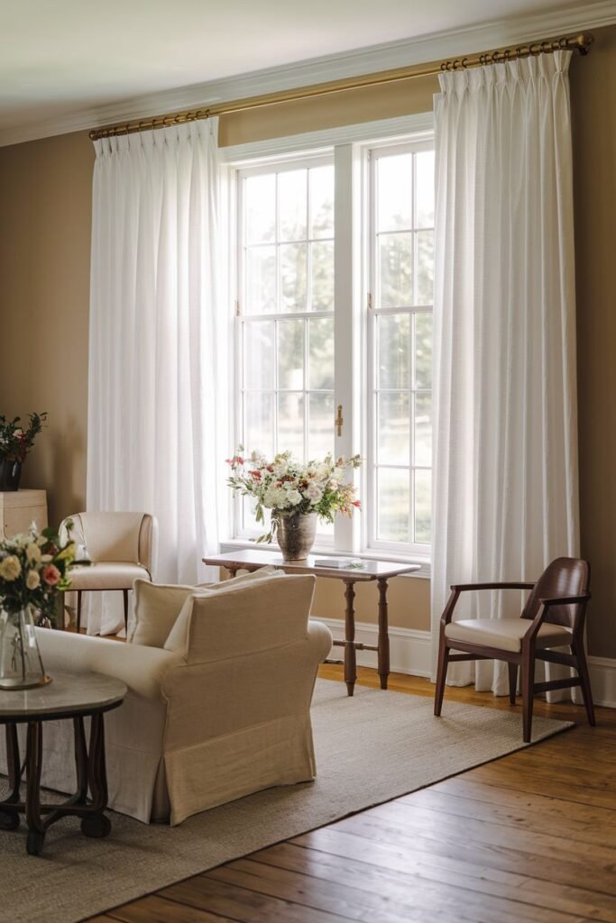 Simple white farmhouse living room curtains, hanging from a gold-toned rod, creating an airy feel around a large window.