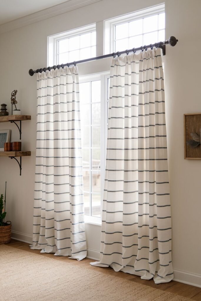 Horizontal stripe farmhouse living room curtains in white and navy, hanging on a dark rod framing a window above simple shelving.