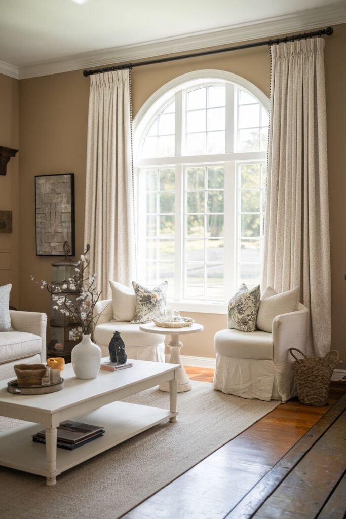 Patterned farmhouse living room curtains framing a large arched window, with comfortable armchairs positioned nearby.