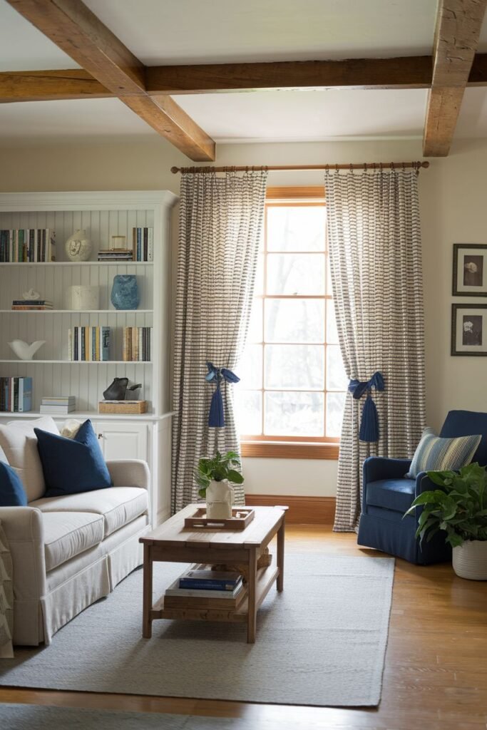 Farmhouse living room curtains with blue tiebacks, pulling back patterned curtains in a room with exposed beams and built-in shelving.