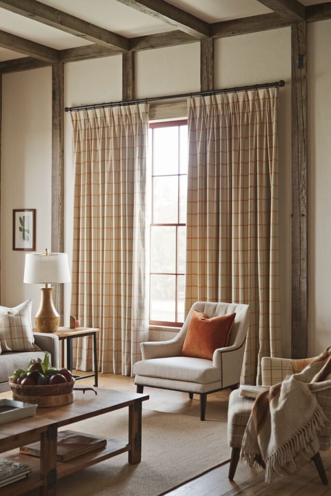 Plaid farmhouse living room curtains in warm tones, framing a window in a room with exposed wooden beams and armchairs.