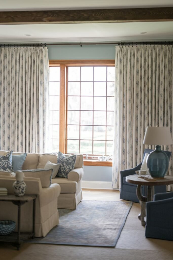 Blue and white patterned farmhouse living room curtains, hanging from a dark rod, with a sofa and chairs featuring coordinating blue accents.