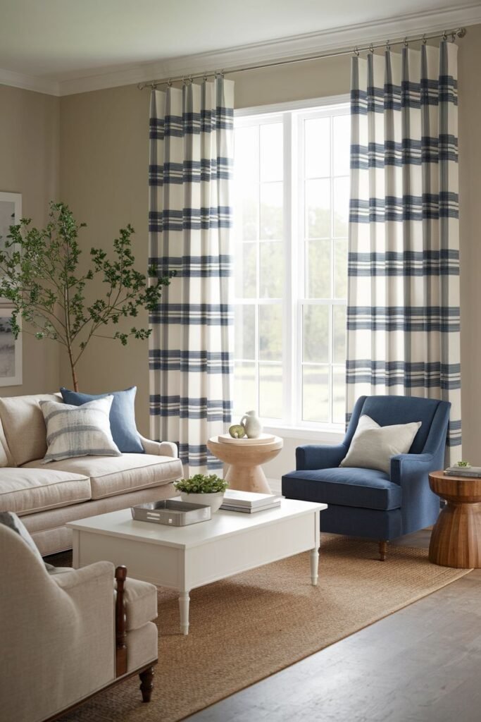Bold horizontal stripe farmhouse living room curtains in navy and white, paired with blue accent chairs beside a window.