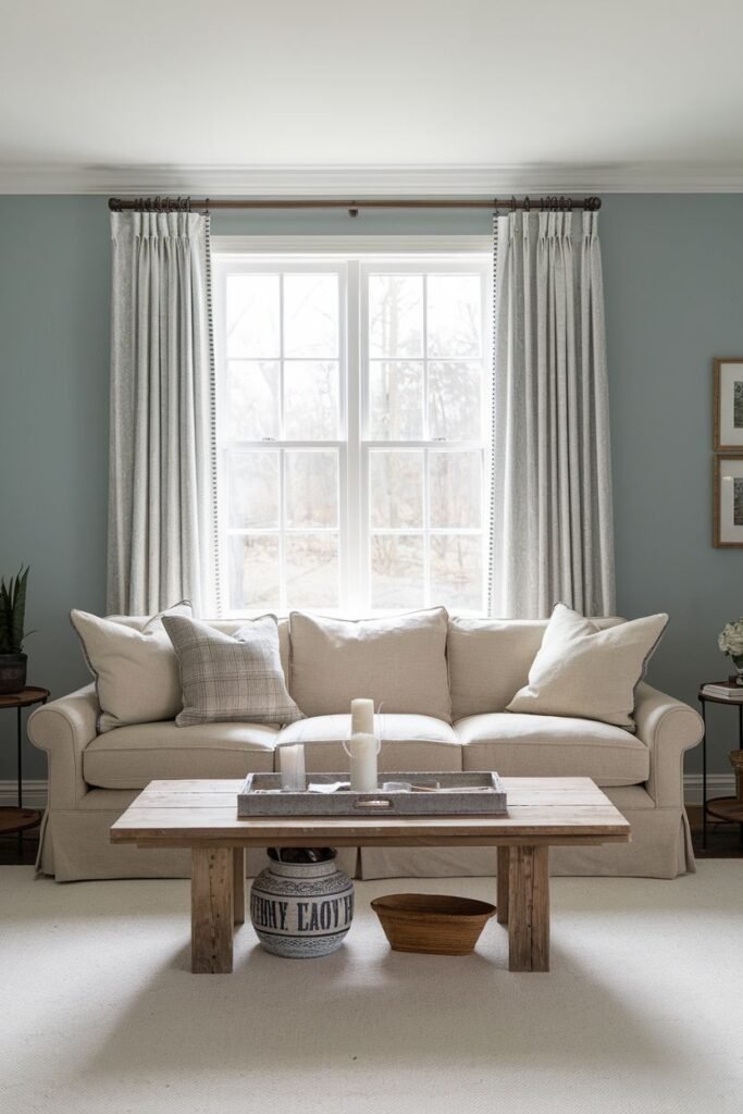 Farmhouse living room curtains with trim detail, neutral-colored curtains framing a window above a sofa with accent pillows.