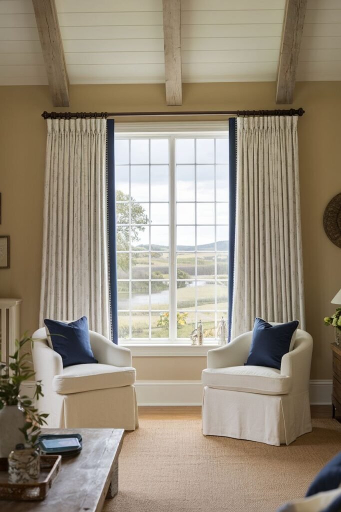 Farmhouse living room curtains with contrasting navy borders, framing a large window and pulled back to highlight the view and two white armchairs.
