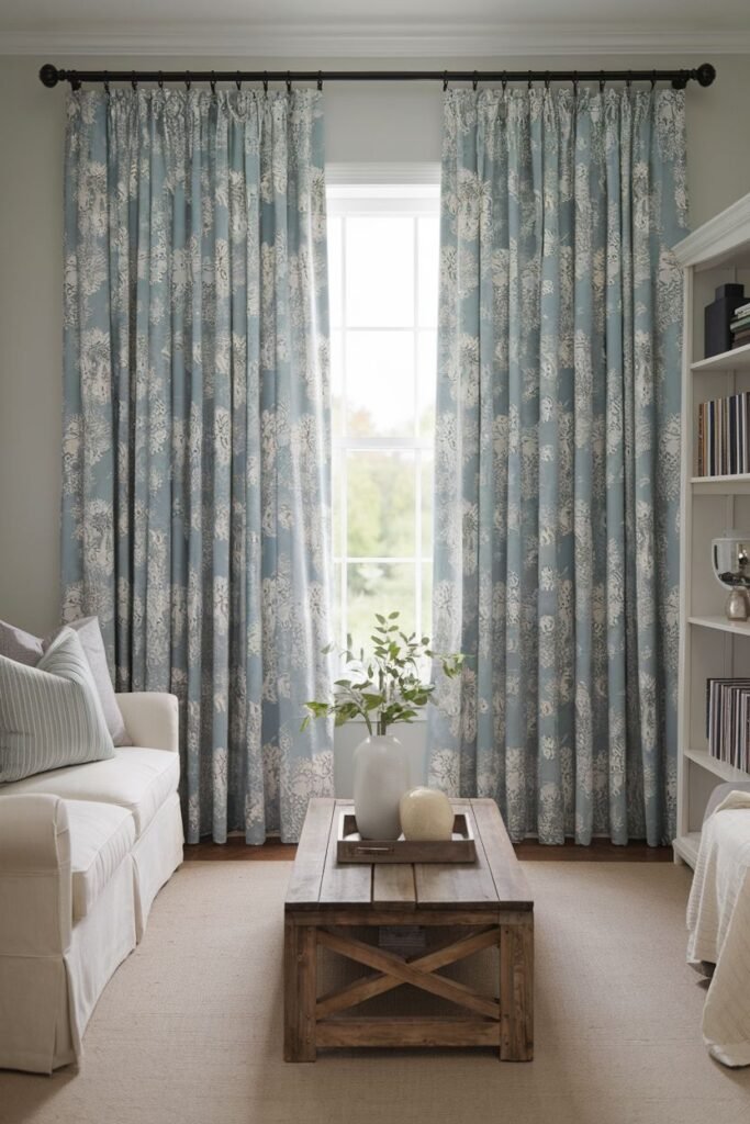 Full-length floral farmhouse living room curtains in blue, hanging beside a white sofa and rustic coffee table.