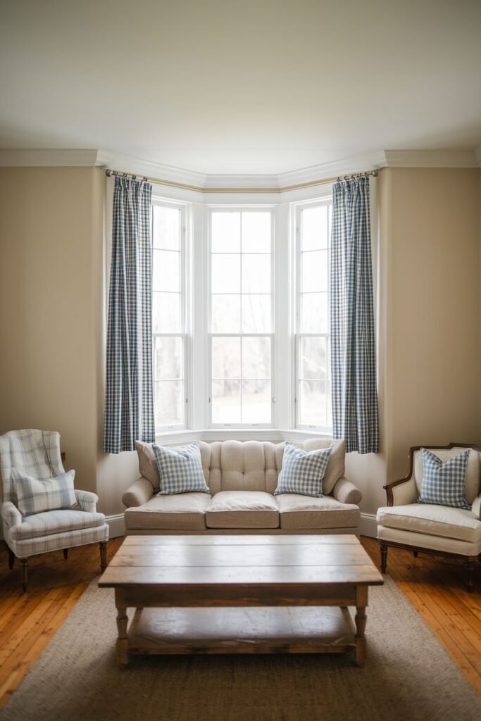 Checked farmhouse living room curtains in blue and white, hung around a bay window area with a sofa and armchairs.