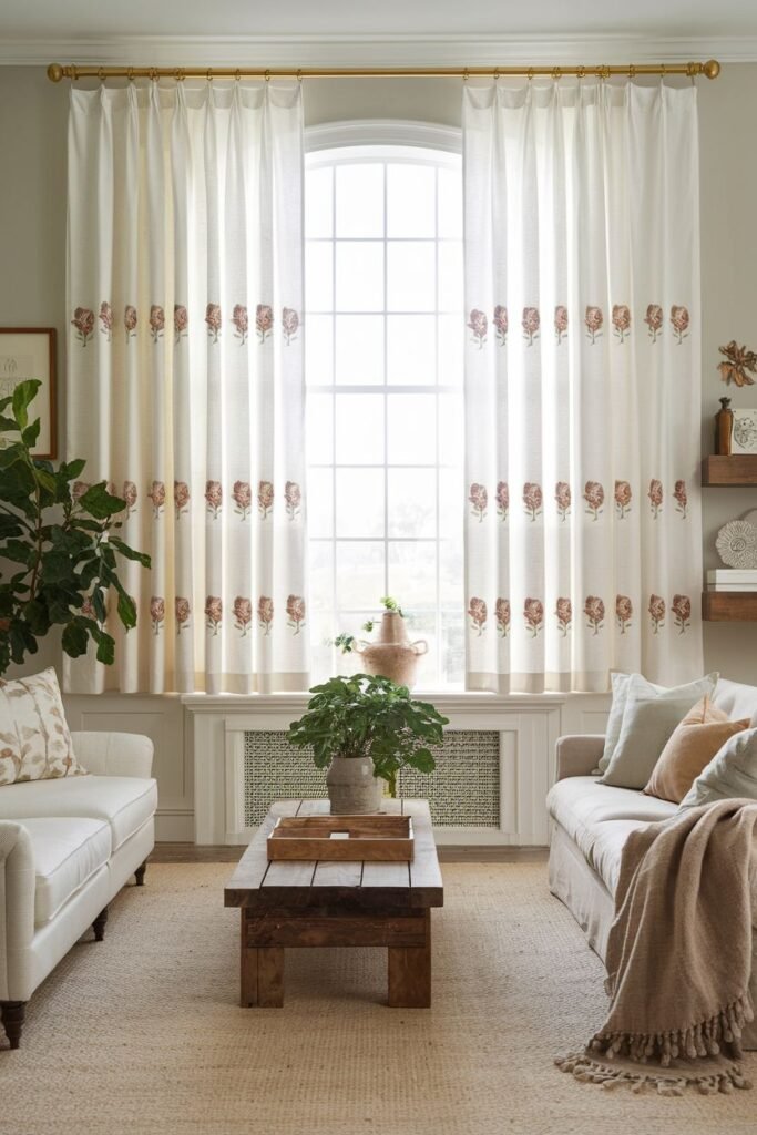 Farmhouse living room curtains with a repeating vertical motif, featuring floral designs on a white background, hung on a gold rod.