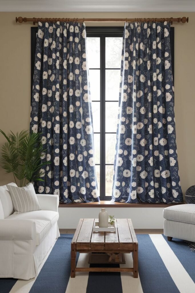 Dark floral farmhouse living room curtains on a navy background, paired with a striped rug and white sofa in front of a window.
