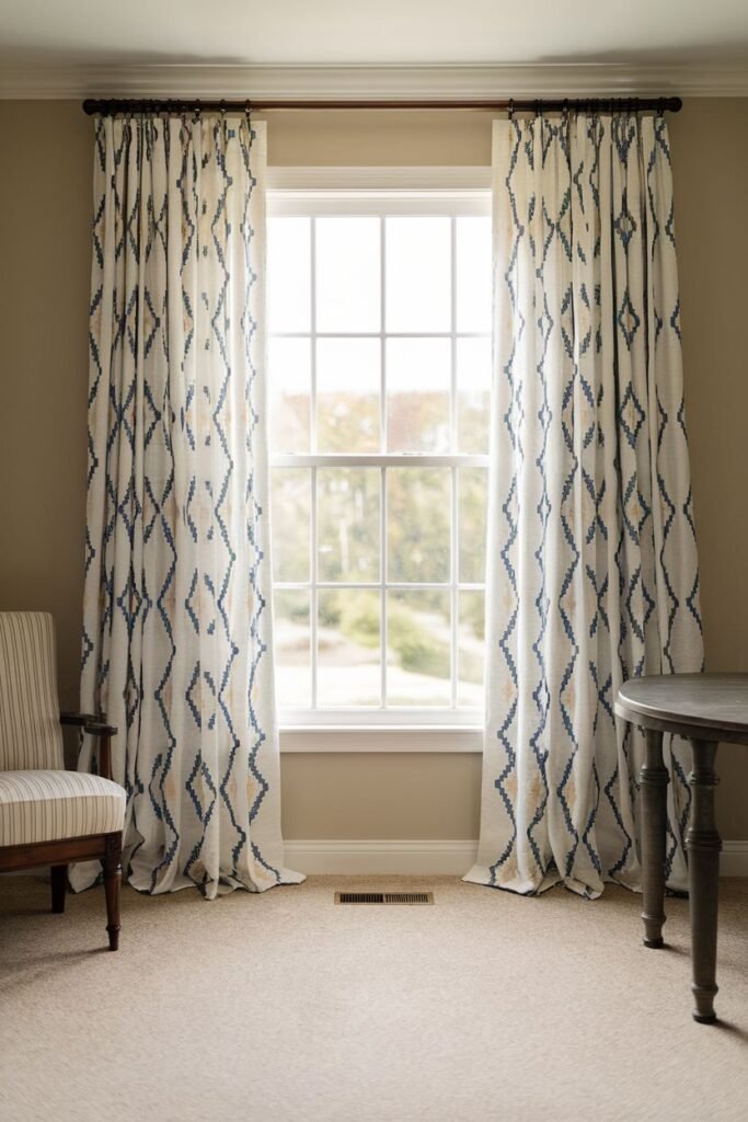 Geometric pattern farmhouse living room curtains, featuring an abstract design, hanging on a window in a room with a chair and round table.