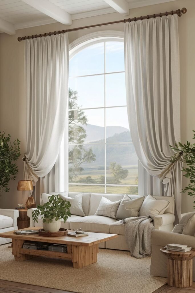 Light-filtering farmhouse living room curtains draped dramatically around a grand arched window with a scenic view.