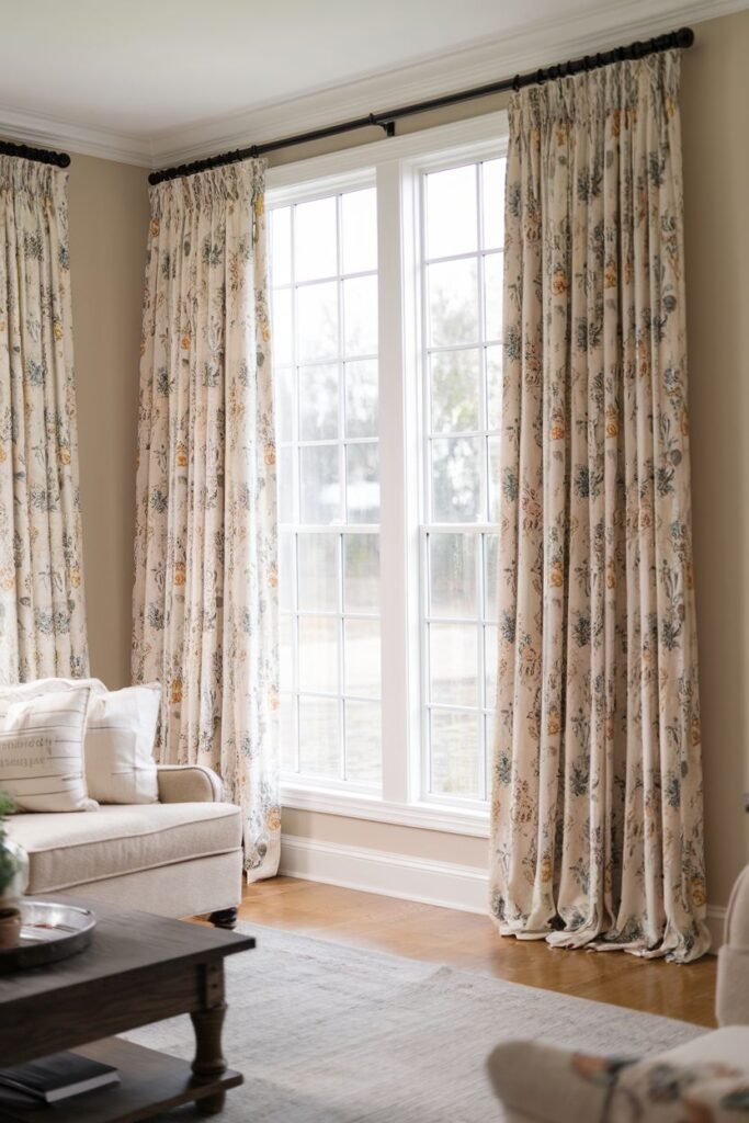 Farmhouse living room curtains with a scattered multi-colored botanical pattern, hung over multiple windows above a sofa.
