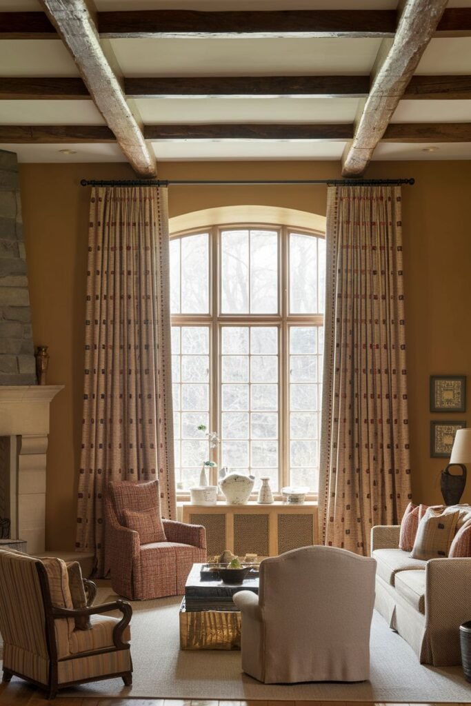 Farmhouse living room curtains with a repeating geometric pattern in muted colors, framing a large window in a room with exposed beams and a fireplace.