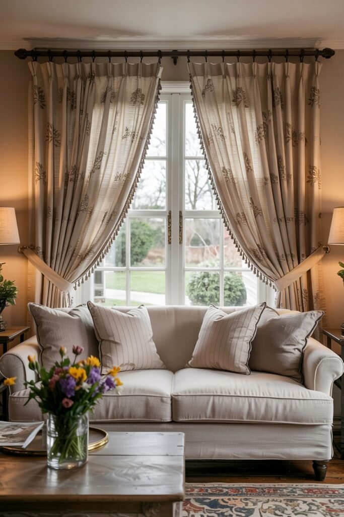 Farmhouse living room curtains with tasseled tiebacks, featuring patterned fabric pulled back from a window framing a garden view.