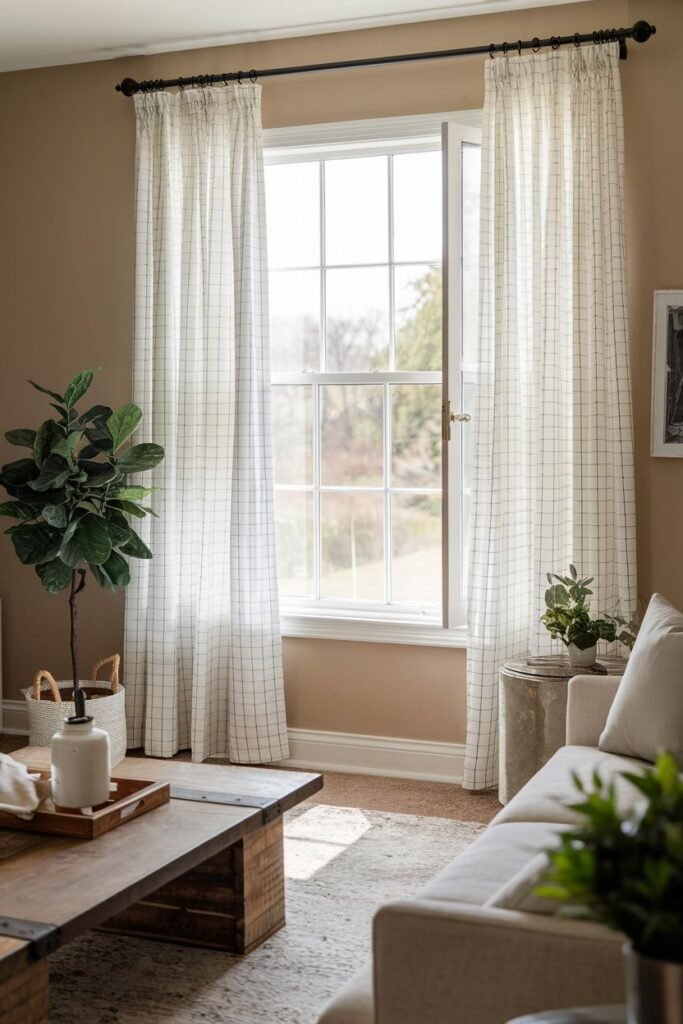 Sheer farmhouse living room curtains with a subtle grid pattern, allowing light to filter through a window in a cozy setting.